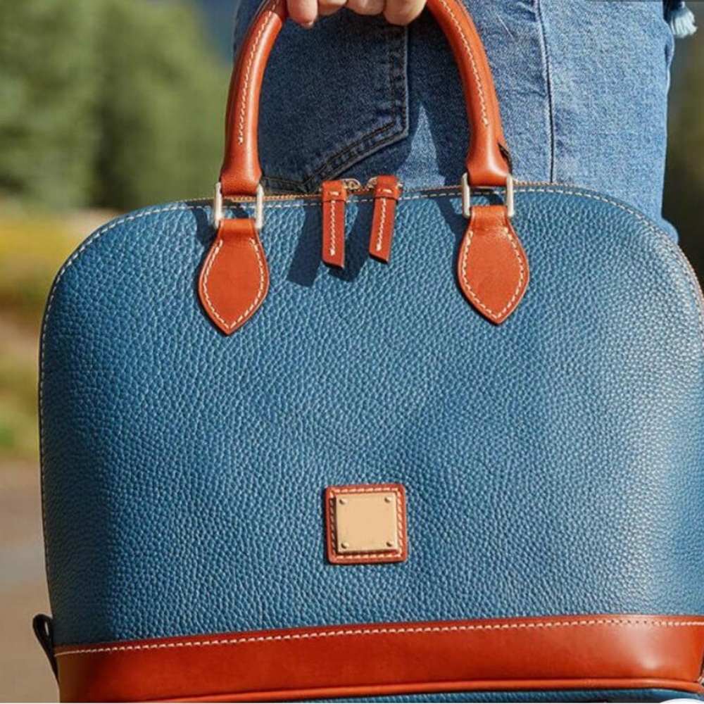 Blue and Brown Pebbled Vegan Leather Satchel NEW - Picture 3 of 8
